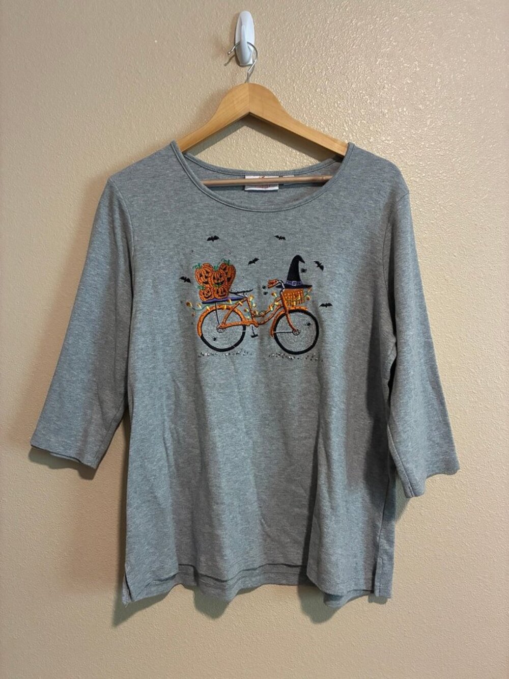 Vintage Quacker Factory Women's Gray Halloween Pumpkin Bicycle T-Shirt Large